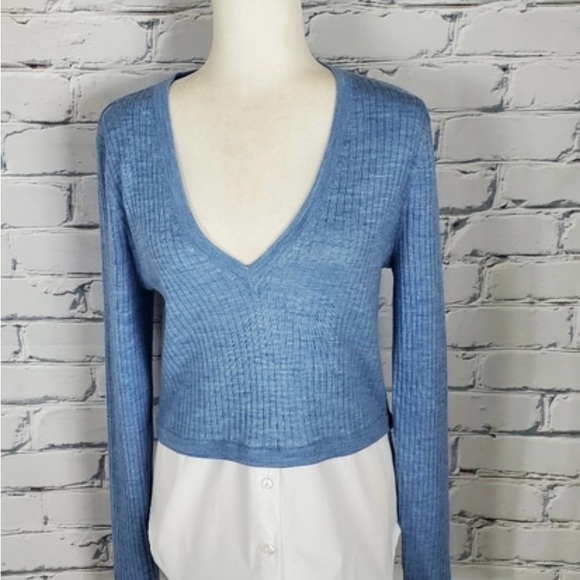 Veronica Beard Lydia Mixed Media V-Neck Pullover in Blue - Picture 2 of 9
